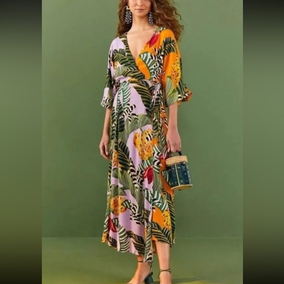 FARM Rio Dresses & Skirts - Brand New Farm Rio Mixed Striped Bananas Maxi Wrap Dress